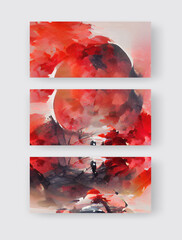 Black red ink brush stroke backgrounds set. Japanese style.