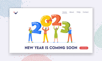 Happy New Year Greetings Landing Page Template. Tiny Characters in Santa Hats Holding Huge 2023 Numbers Illustration
