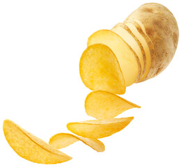 Potato slices turning into chips isolated