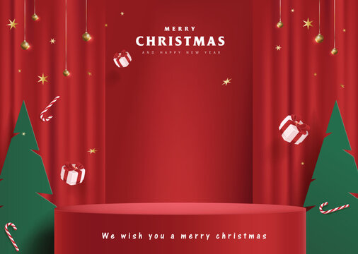 Merry Christmas banner with stage product display cylindrical shape and festive decoration for christmas