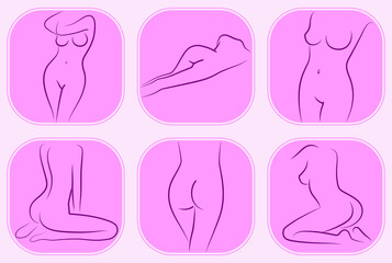 Beautiful woman body line art illustration. Icons and Pictogram set. Abstract nude female characters for web. Vector illustration