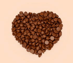 Milk chocolate chips in a heart shape, isolated on a Light background 3d illustration