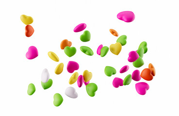 Heart Shape Rainbow colored candy Flying falling on white background 3d illustration