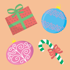 christmas set of vector elements includes glass balls, gift, christmas candy