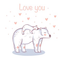 Happy Mother's Day card. Mom and baby together. Cute cartoon picture.