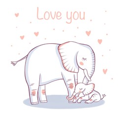 Happy Mother's Day card. Mom and baby together. Cute cartoon picture.