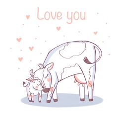 Happy Mother's Day card. Mom and baby together. Cute cartoon picture.