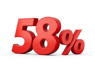 3d Red 58% Fifty Eight Percent Sign on White Background 3d illustration
