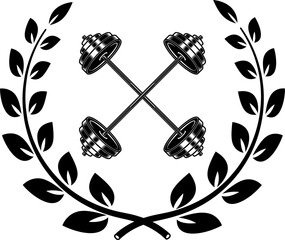 Emblem template with crossed barbells and wreath. Design element for logo, sign, emblem. Vector illustration