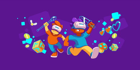 Kids gaming in virtual reality metaverse. Contemporary boys in vr headset fight with swords in cyberspace. Futuristic innovation, gamification experience in meta verse, Cartoon vector illustration