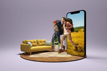 Happy young couple, smiling man and woman going to summer vacation trip using 3d model of phone isolated on grey background. - obrazy, fototapety, plakaty