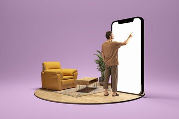 Photo and 3d illustration of man standing next to huge 3d model of smartphone with empty white screen isolated on lilac background. Mockup for ad - obrazy, fototapety, plakaty