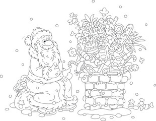 Cartoon Santa Claus sitting on his magical bag of gifts on a snow-covered roof near a bricky chimney full of tasty food, sweets, drinks and presents for a festive table at merry winter holidays