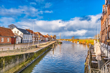 Small harbor in medieval city of Ribe in Denmark