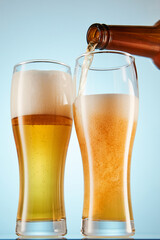 Tasting, degustation of fizzy ale, lager or cider.