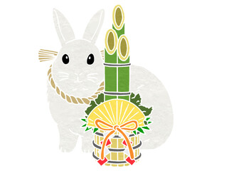 門松とうさぎのイラスト（版画風）