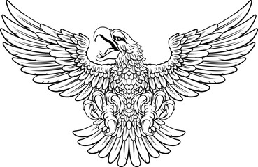 A bald eagle or hawk flying with wings spread mascot