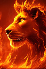 Fire Lion - digital drawing of a fiery lion on fire red orange background