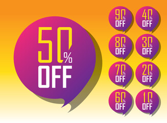 10%, 20%, 30%, 40%, 50%, 60%, 70%, 80%, 90% Discount. Sale tags set vector badges template. Special offer symbol. Discount promotion. Discount badge shape. Vector design