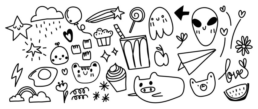 Cute doodle elements vector set. Hand drawn scribble doodle collection of star, rain, pig, alien, lollipop, cupcake, flower, rainbow isolated on white background. Design for sticker, comic, print.