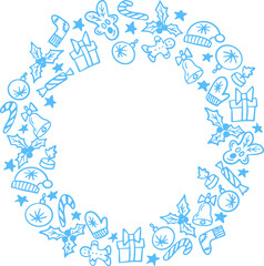 Christmas hand drawn wreath card in blue color made of funny doodles. Isolated vector christmas background, set of icons.