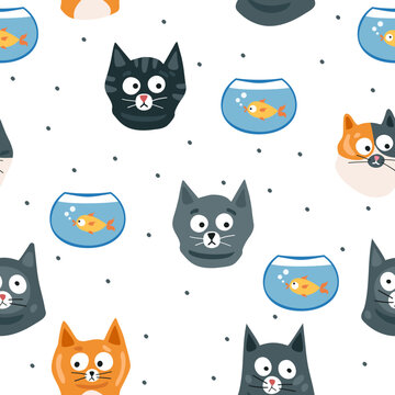 Cats and fish. Seamless pattern. Vector illustration