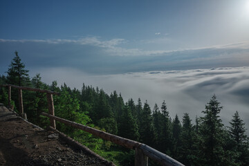 Fototapeta premium View from Serak in Jeseniky mountains on a summer foggy morning and sea of clouds around mountain peak