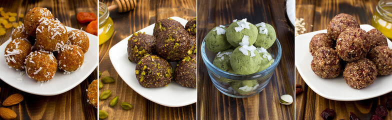 Collage of energy balls with fruit, matcha powder, nuts and coconut chips on the wooden background. Close-up.