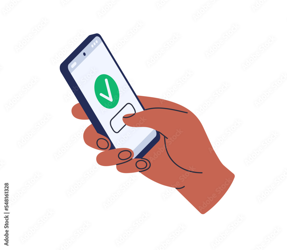 Aufkleber Phone in hand, entering right correct password for security. Unlocking smartphone with check mark on screen. Login, safe access concept. Flat graphic vector illustration isolated on white background