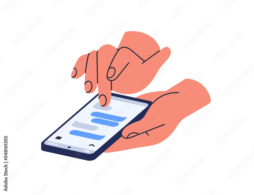 Poster mobile phone in hand, texting in online messenger application. smartphone app for chatting, instant 
