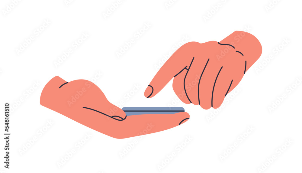 Poster mobile phone in hand, finger tapping on screen, clicking on telephone display. holding, using smartp