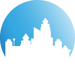 city skyline in blue circle button