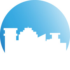 city skyline in blue circle button