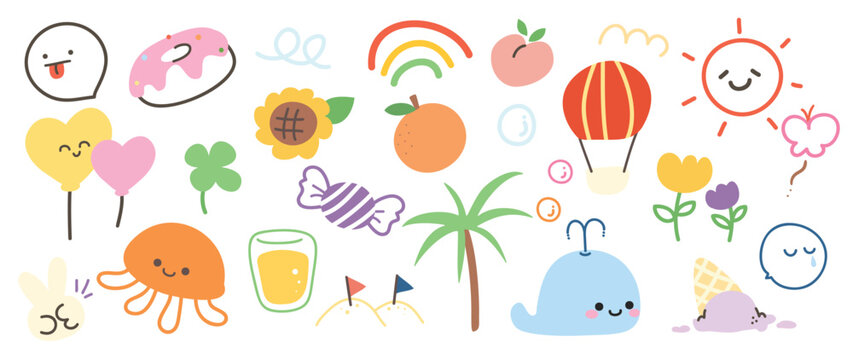 Cute doodle elements vector set. Hand drawn vibrant color collection of donut, smile balloons, whale, sun, orange, candy, scribble isolated on white background. Design for sticker, comic, print.