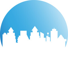 city skyline in blue circle button