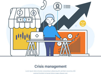Crisis management business process helping organization in overcoming threat. Financial and marketing strategy. Crisis manager implementing plan to get out of crisis thin line design of vector doodles