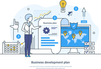 Business development plan, marketing, strategy and finance concept. Strategy of successful business development, collaboration, schedule and implementation thin line design of vector doodles