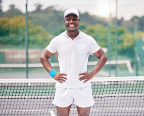 Fitness, tennis and portrait of a black man on the court ready for outdoor training or a match. Sports, tournament and young African athlete standing on a tennis court for a game, workout or exercise