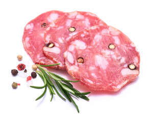 Sliced Smoked dry Salami sausage isolated on white background