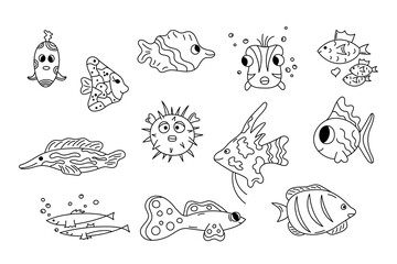 Cute fish doodle set. Vector collection of cartoon outline sea abodes. Wild marine life in hand drawn style. Doodle black and white illustration for kids. Swimming fish isolated