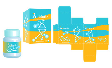 Packaging design, Label on supplement container with probiotic box template and mockup box, illustration vector.	