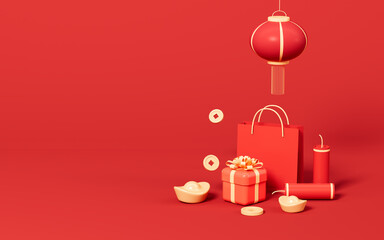 Shopping bags and gifts, Spring Festival shopping theme, 3d rendering.