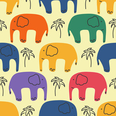 Elephant Kids Baby Colorful Doodle Hand Drawn Seamless Pattern