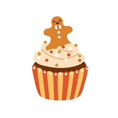 Christmas cupcake. Sweet Xmas food with cream, sprinkle and gingerbread man decoration. Festive New Year dessert. Winter holiday cup cake, muffin. Flat vector illustration isolated on white background