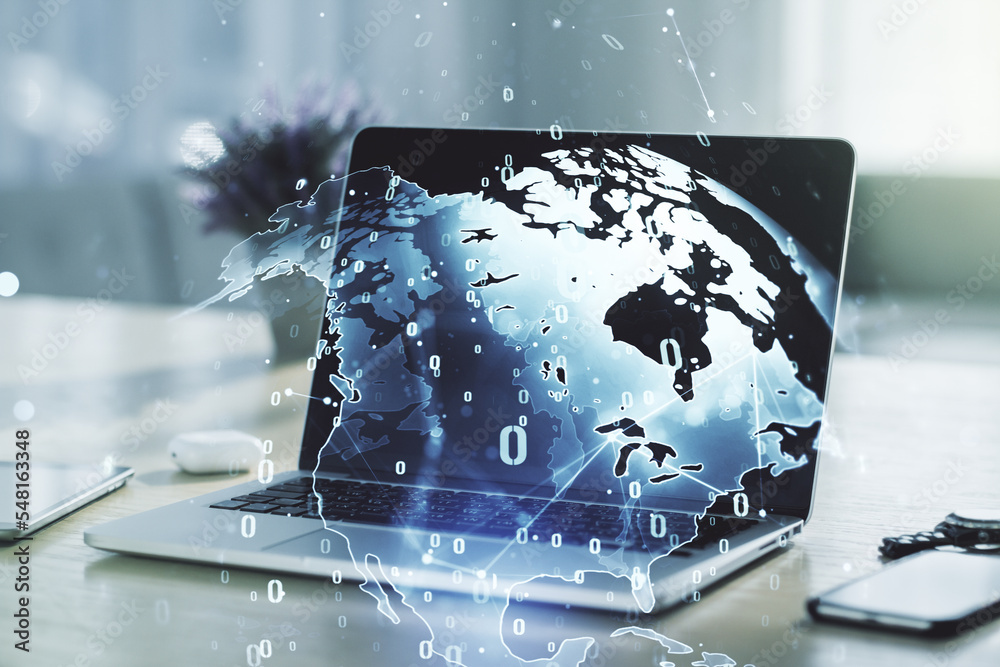 Aufkleber multi exposure of abstract software development hologram with world map on laptop background, global