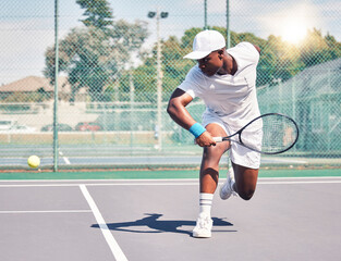 Black man, tennis and ball, fitness sport and racket with exercise, workout and training outdoor in...