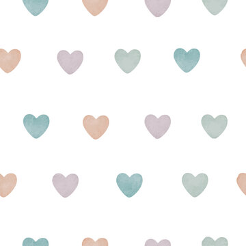 Watercolor seamless pattern with pastel color hearts. Perfect for card, fabric, tags, invitation, printing, wrapping.