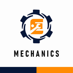 Initial E Letter with Gear and Wrench symbol for mechanic automotive repair business service logo template