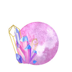 Watercolor illustration moon and crystals  for  logo, embellishments, handicrafts, stationery, greeting cards, party invitations, scrapbooking, posters, stickers, t-shirts.
