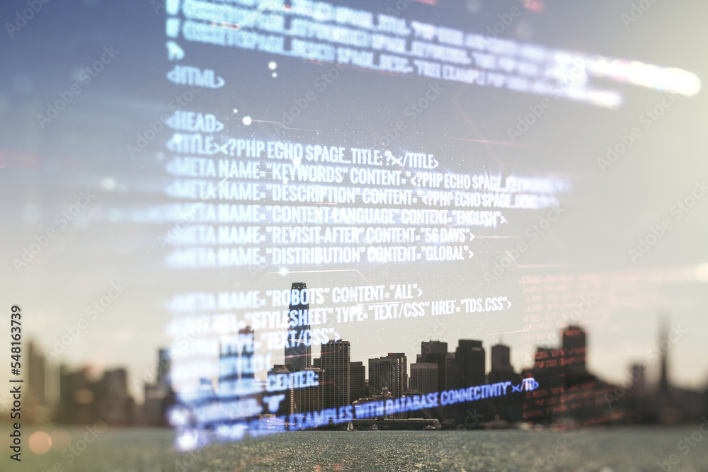 Poster multi exposure of abstract programming language hologram on san francisco office buildings backgroun